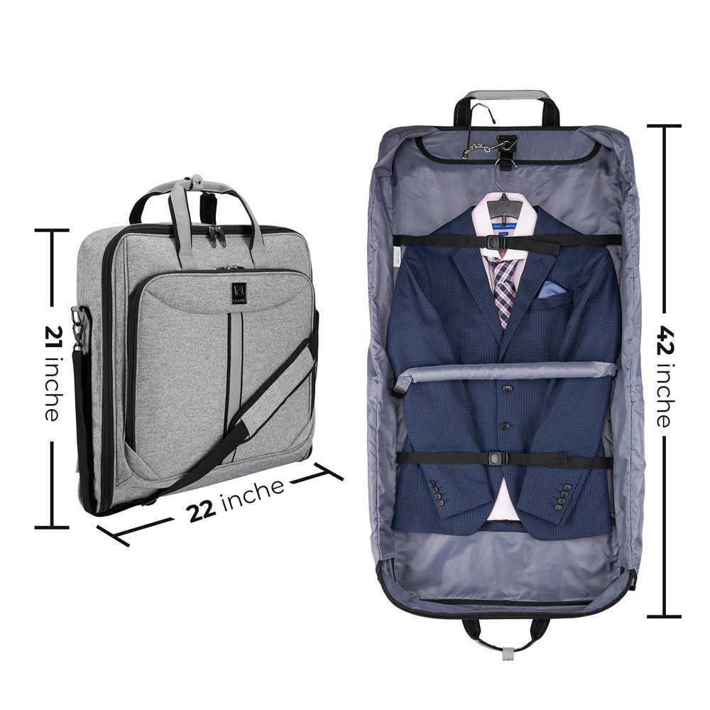 Suit carry bag photography and infographics on white background for ecommercia