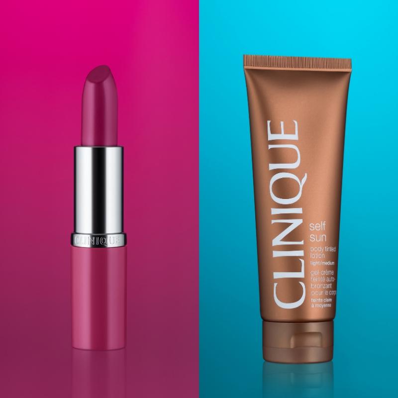Clinique cosmetics products show on a colored background