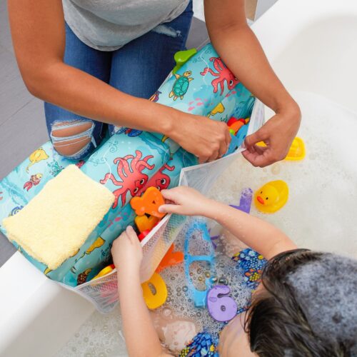 Baby and toddler bathing kit commercial product lifestyle photography with kid and female model