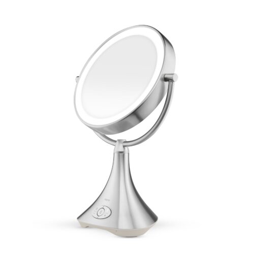Product photography of a shiny rechargeable iHome vanity mirror on a white background.