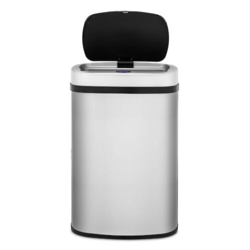 Hero shot of a reflective electric bin with opened lid on a white background.