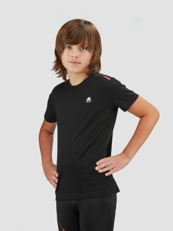 Clothing photography of male child model wearing gym sports suit in black and white