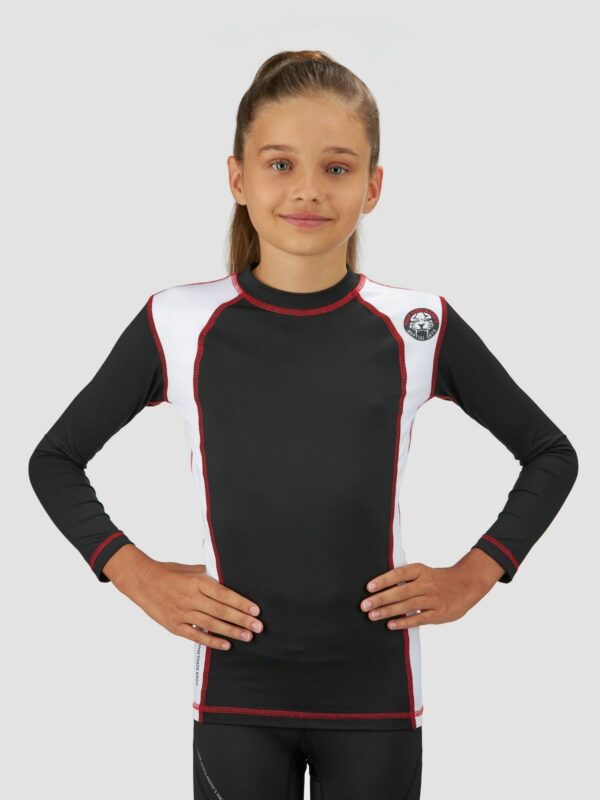 Clothing photography of female child model wearing gym sports suit in black and white