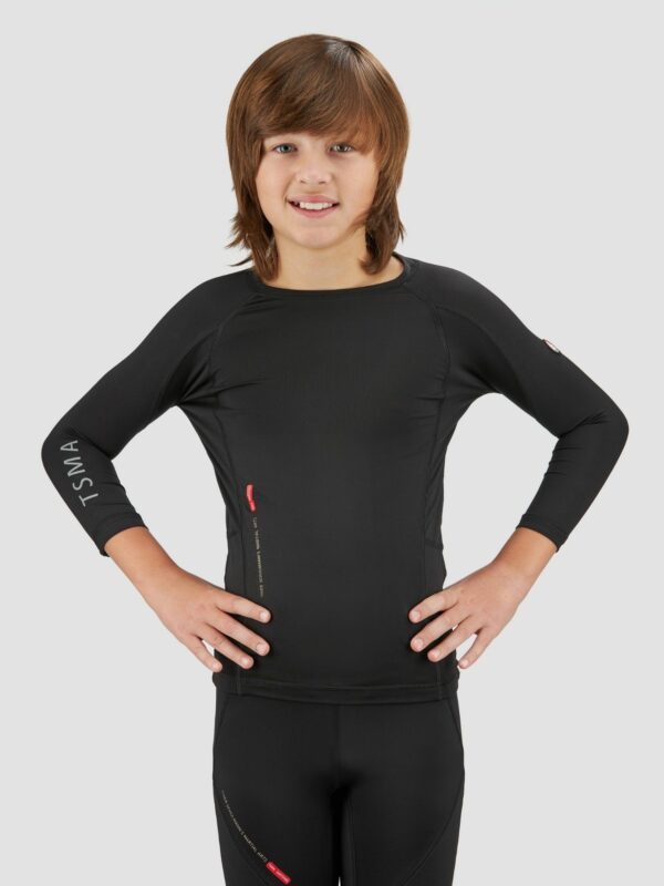 Apparel photography of male child model wearing gym sports suit in black and white
