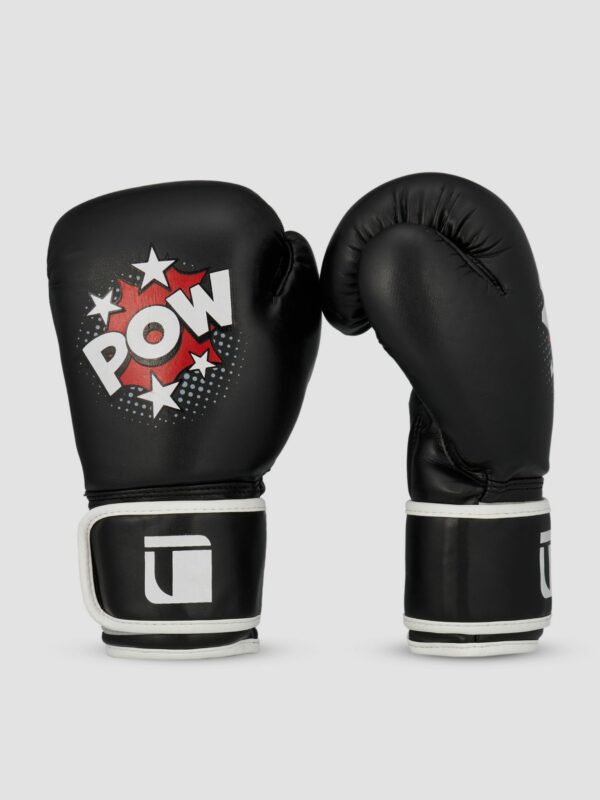 Product photography of a black and white leather boxing glove with white background