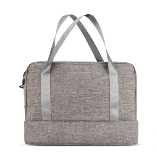 Hero shot of a lucid grey colored travel bag with light grey colored strips and handle shot on a white background by Isa Aydin nj ny la
