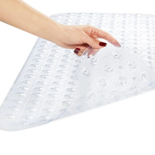 Shower mat shot with a model hand on a white background for amazon listing